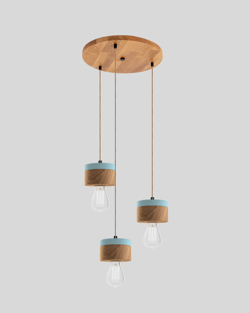 3er Pendelleuchte aus Eichenholz im skandinavischen Design - Pastellblau