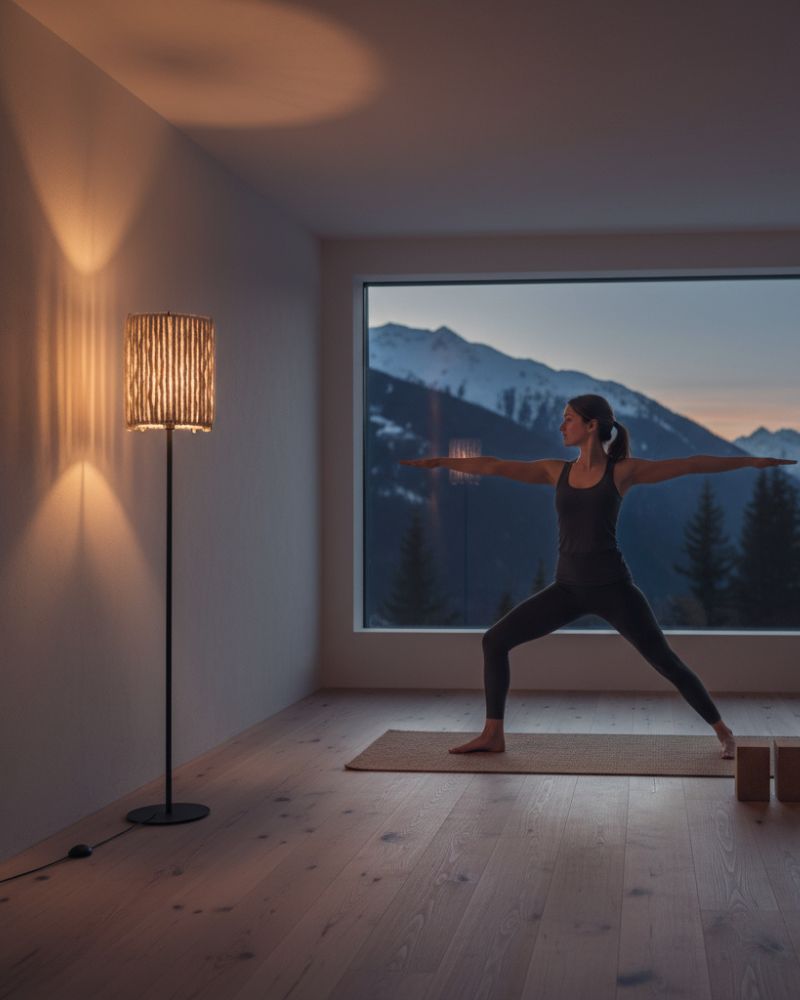 ALMUT_6020_Stehlampe_Wolle_Zylinder_Yoga Licht an