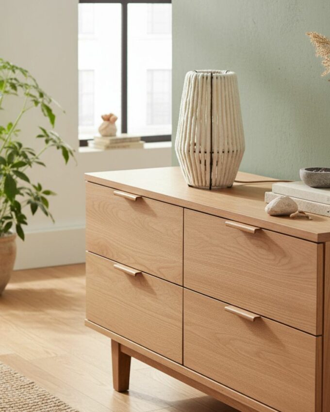 ALMUT_6020_Tischlampe_Wolle_Konus_Wohnzimmer_Kommode