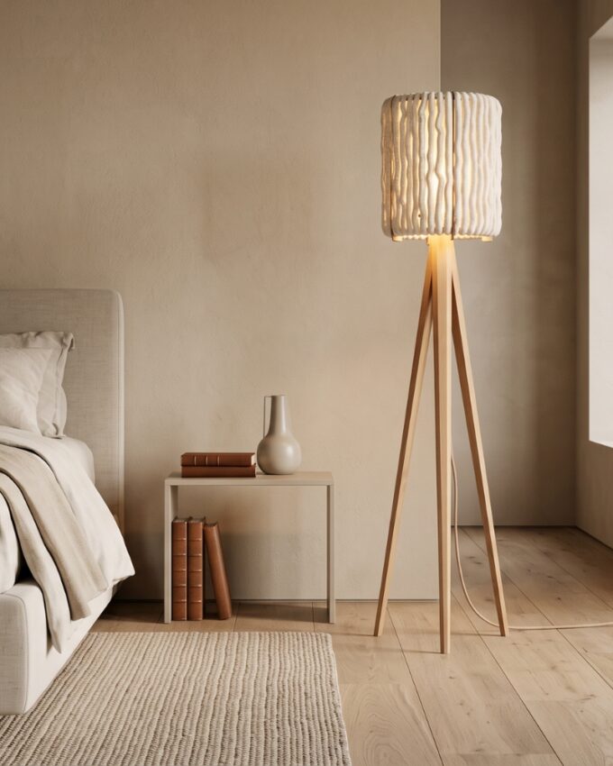 Stehlampe aus Wolle und Eiche ALMUT von Wildheim - Schlafzimmer-mit-Nachttisch